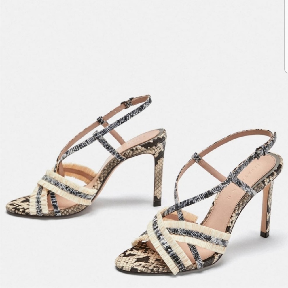 Zara Snakeskin Strappy Heels - Cream and Black - Picture 4 of 15